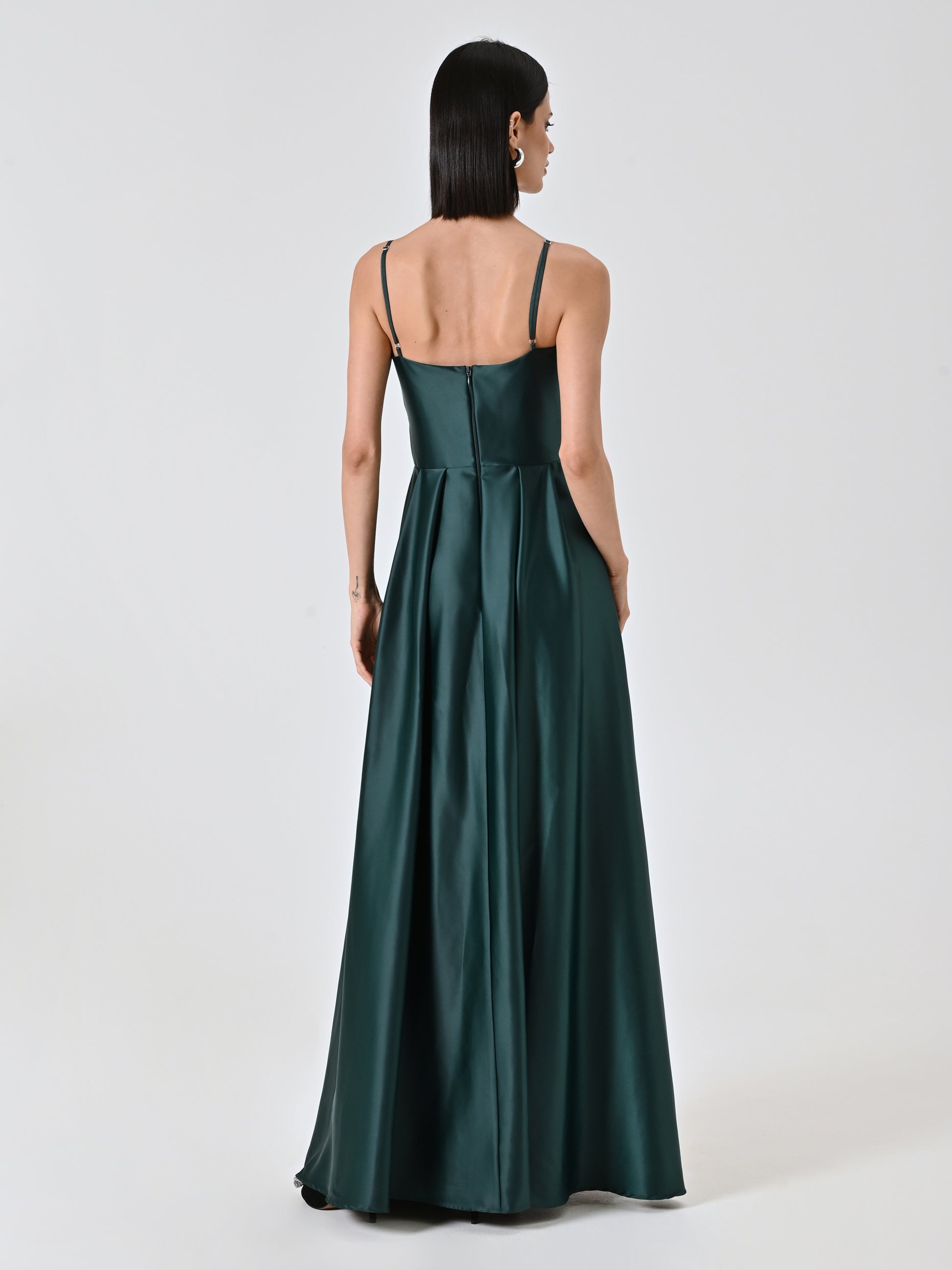 Long green satin dress