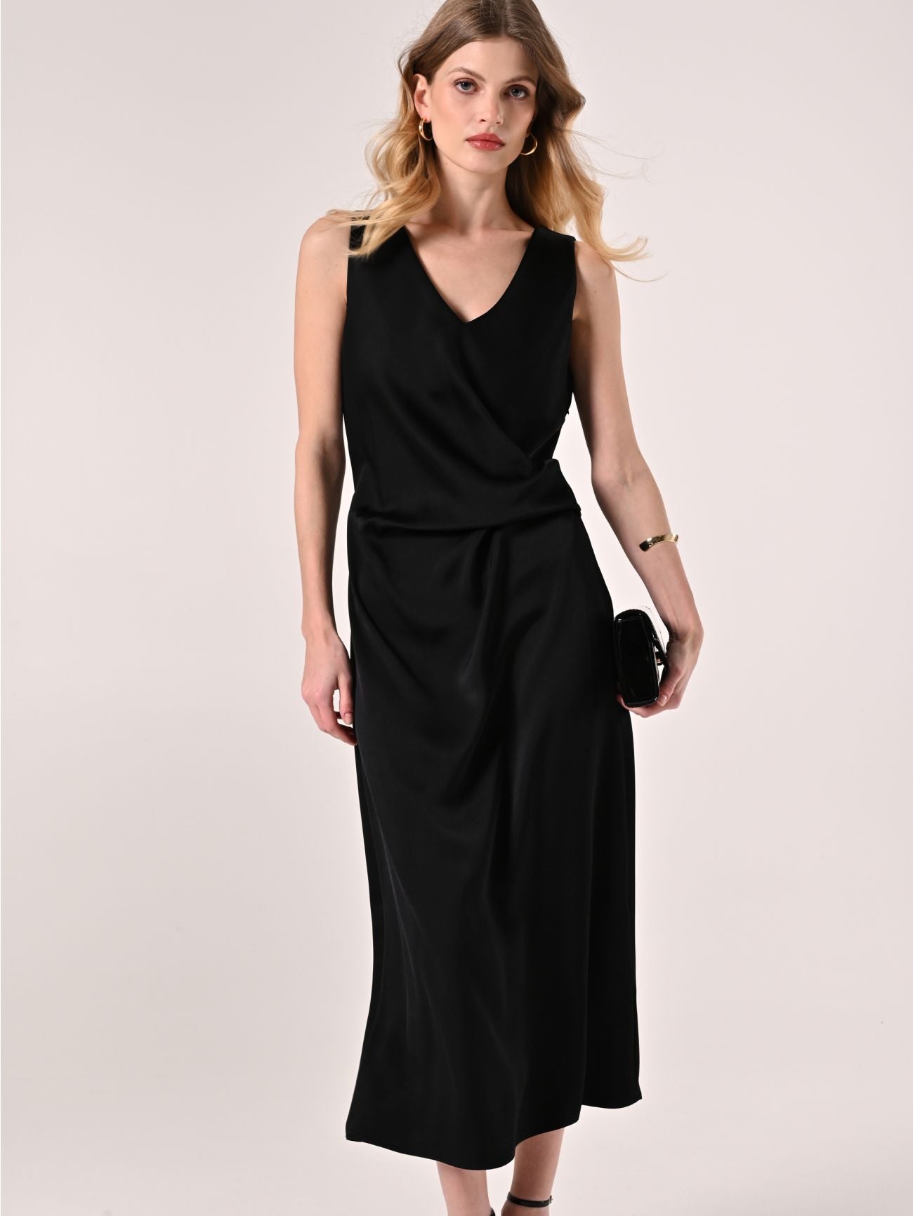 Black satin midi nightgown dress
