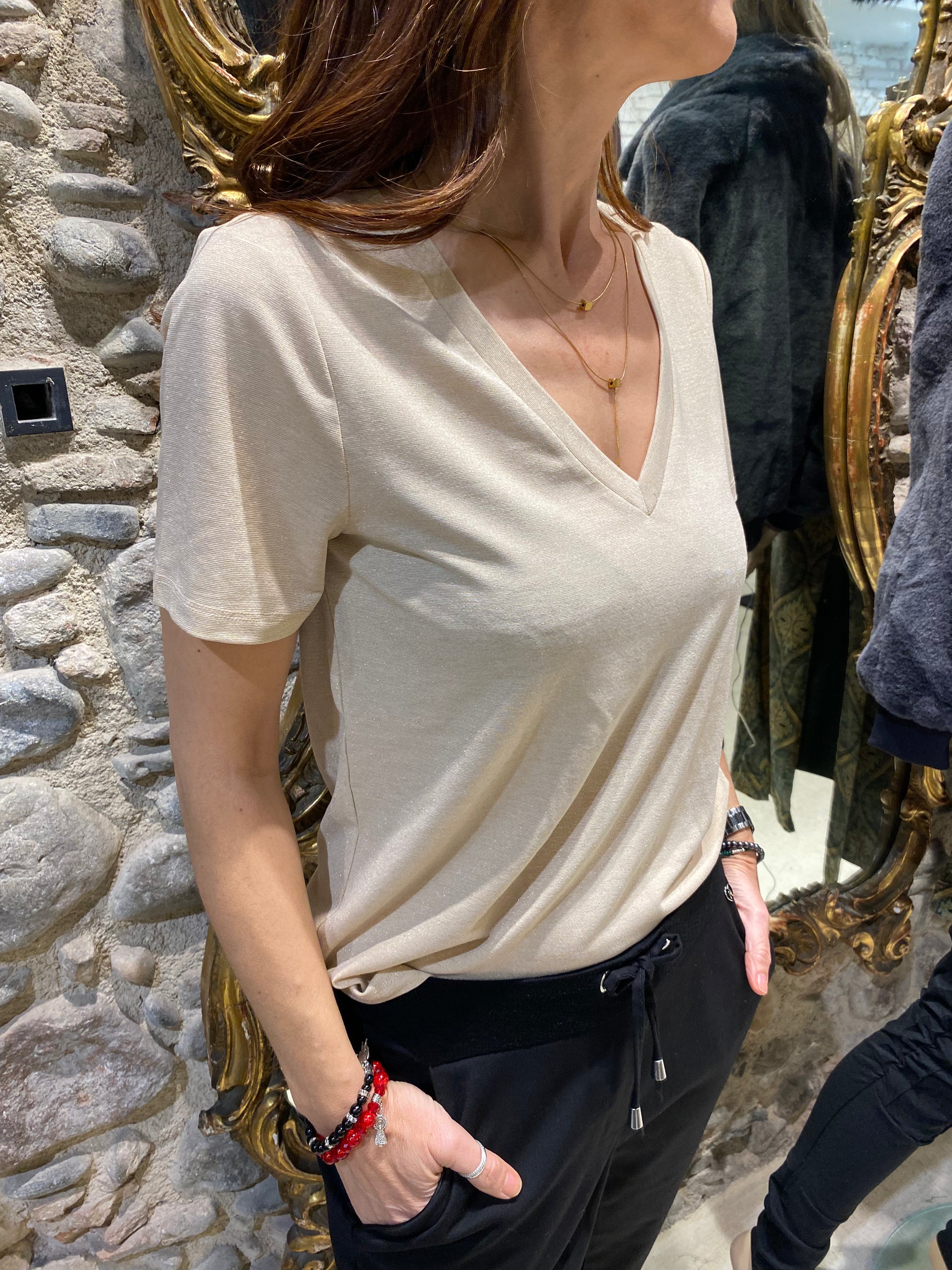 V-neck T-shirt with lurex dots