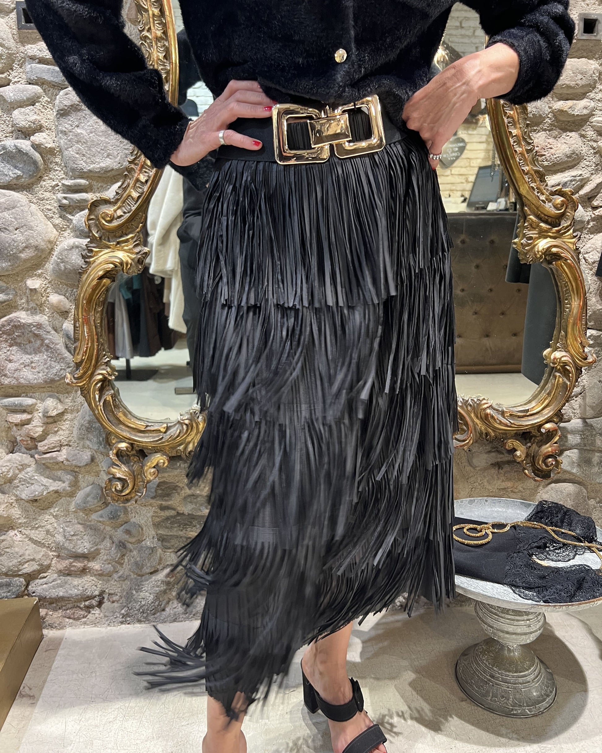 Layered fringe midi skirt