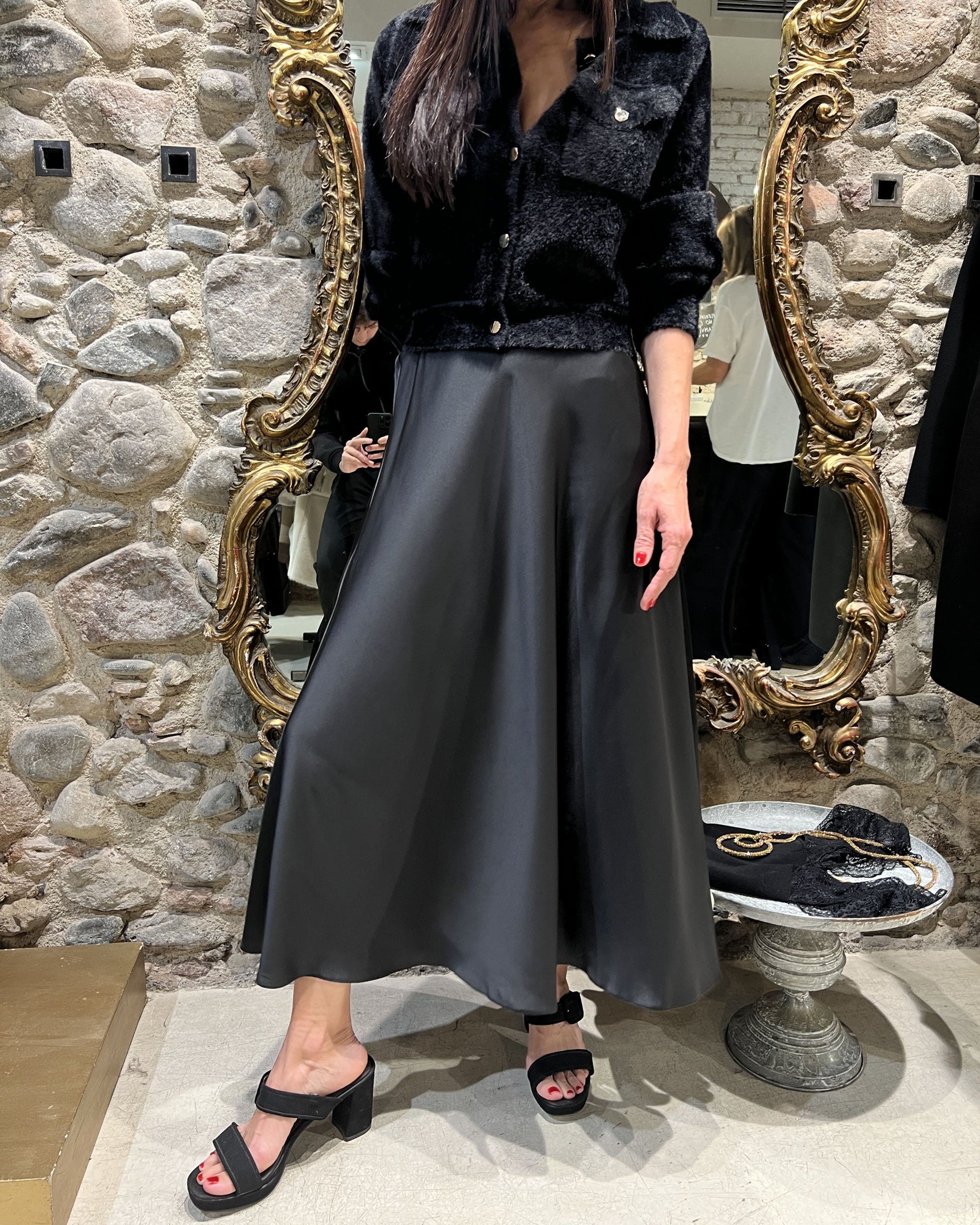 Black satin flared skirt