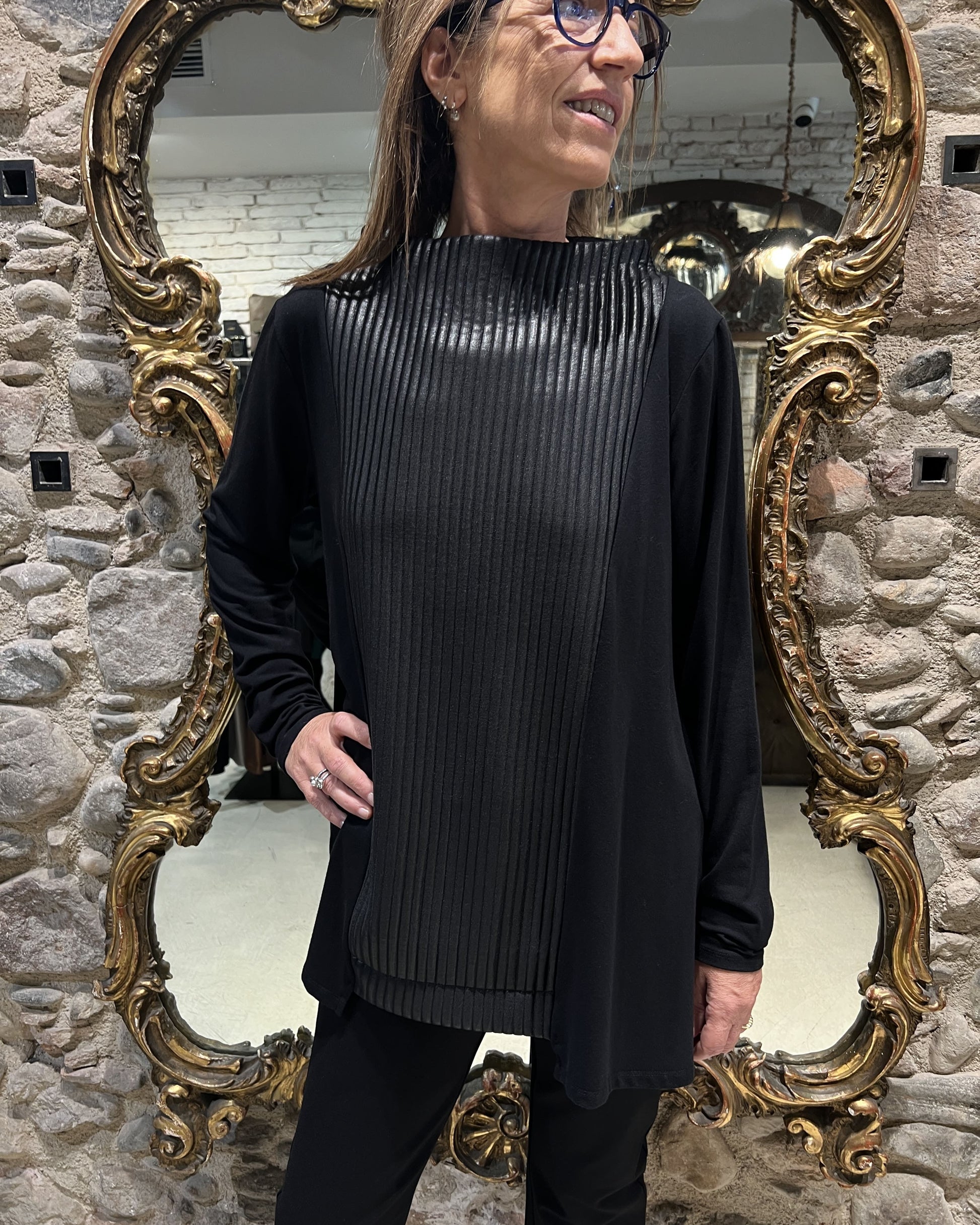 Leather-effect pleated jersey T-shirt