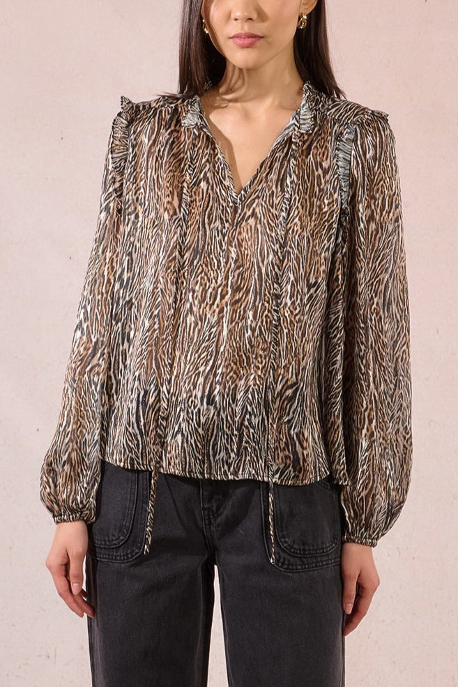 Long-sleeved blouse with bow and print