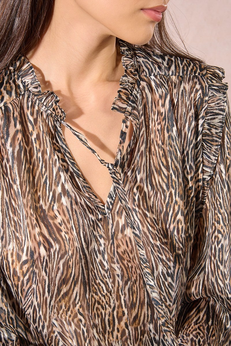 Long-sleeved blouse with bow and print