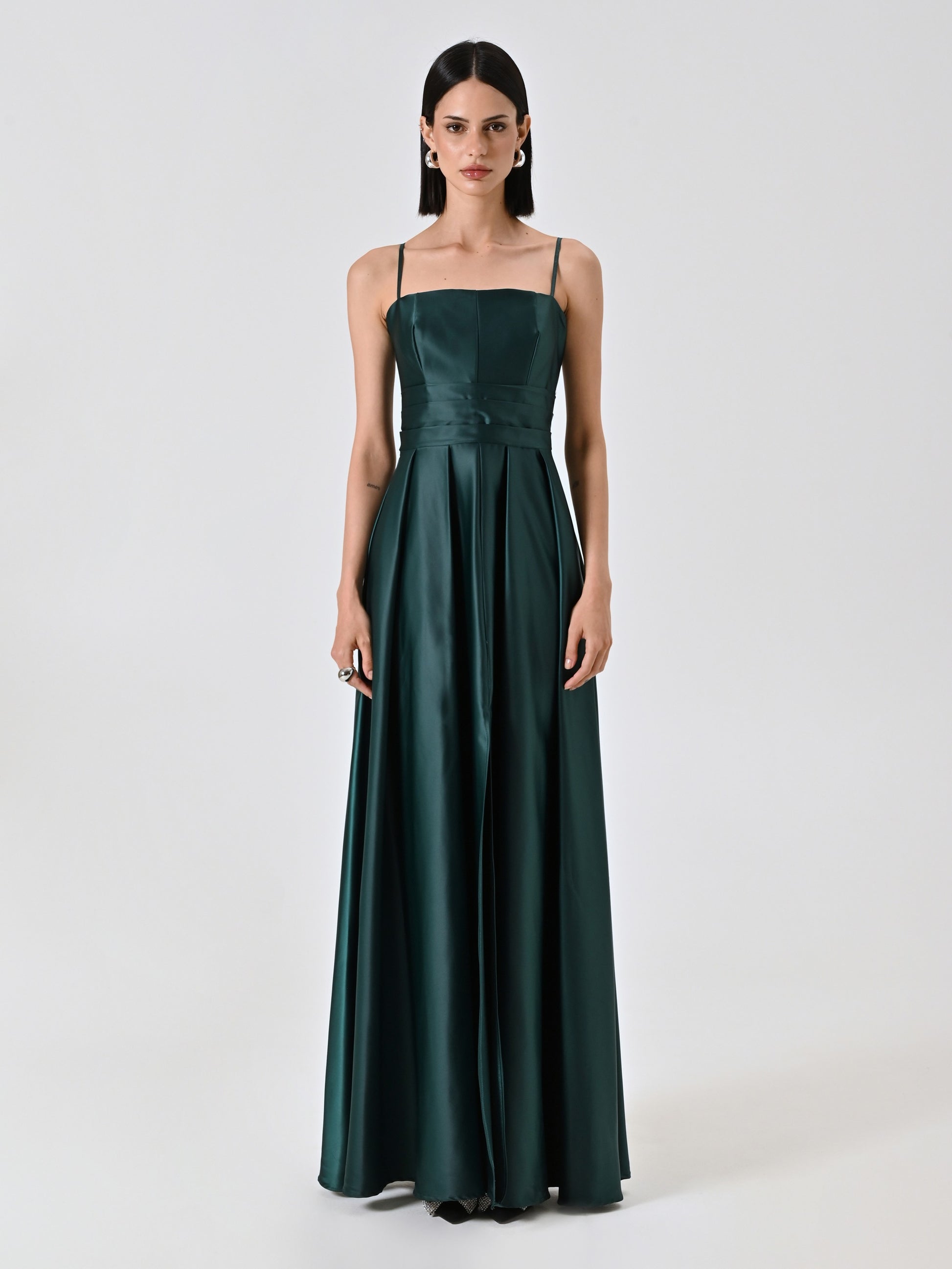 Long green satin dress