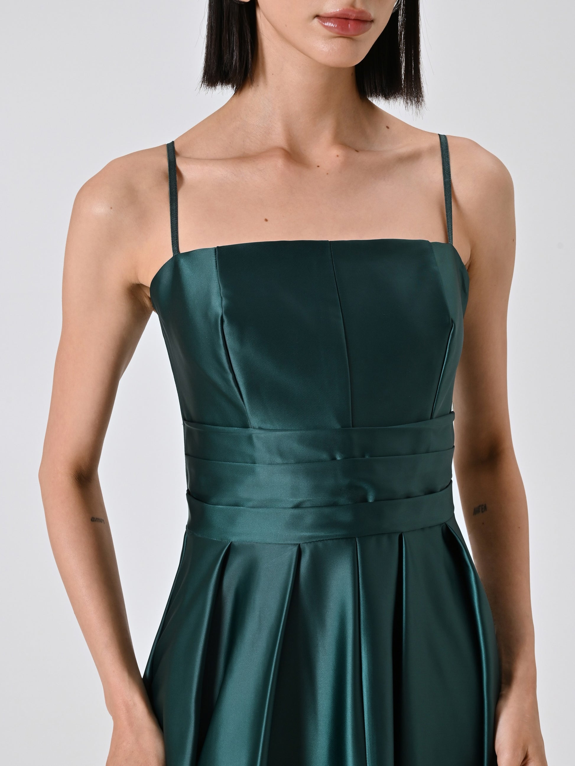 Long green satin dress