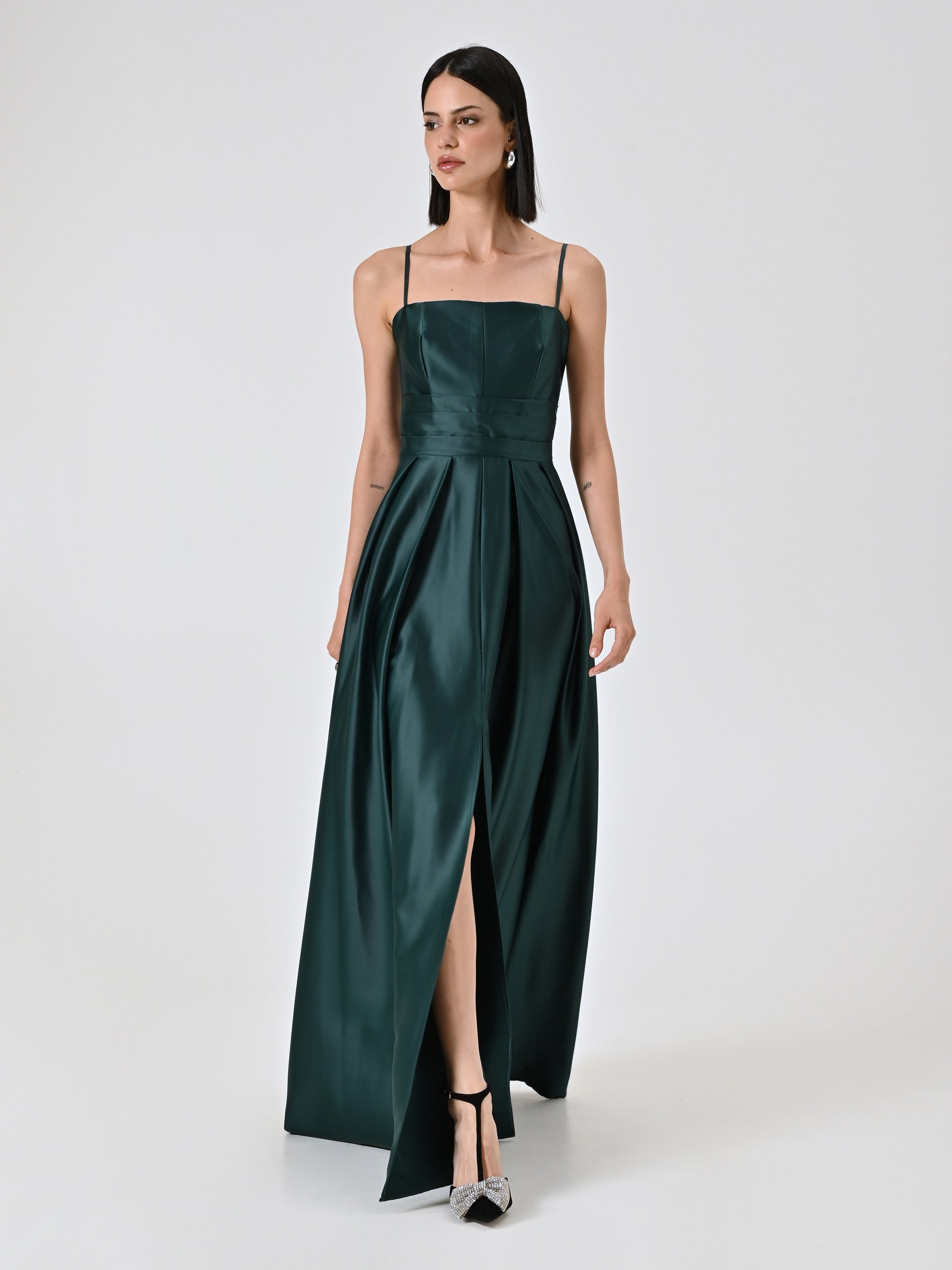 Long green satin dress