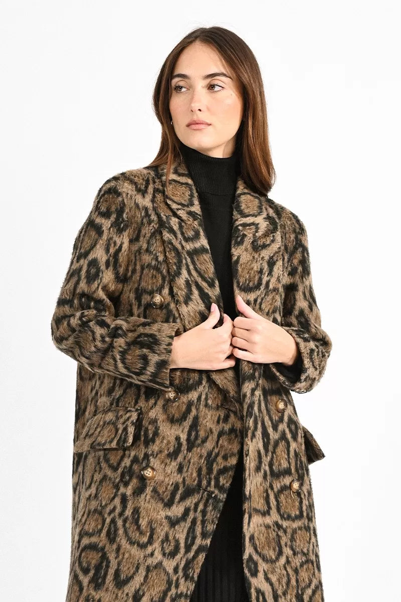 Double-breasted animal print leopard coat