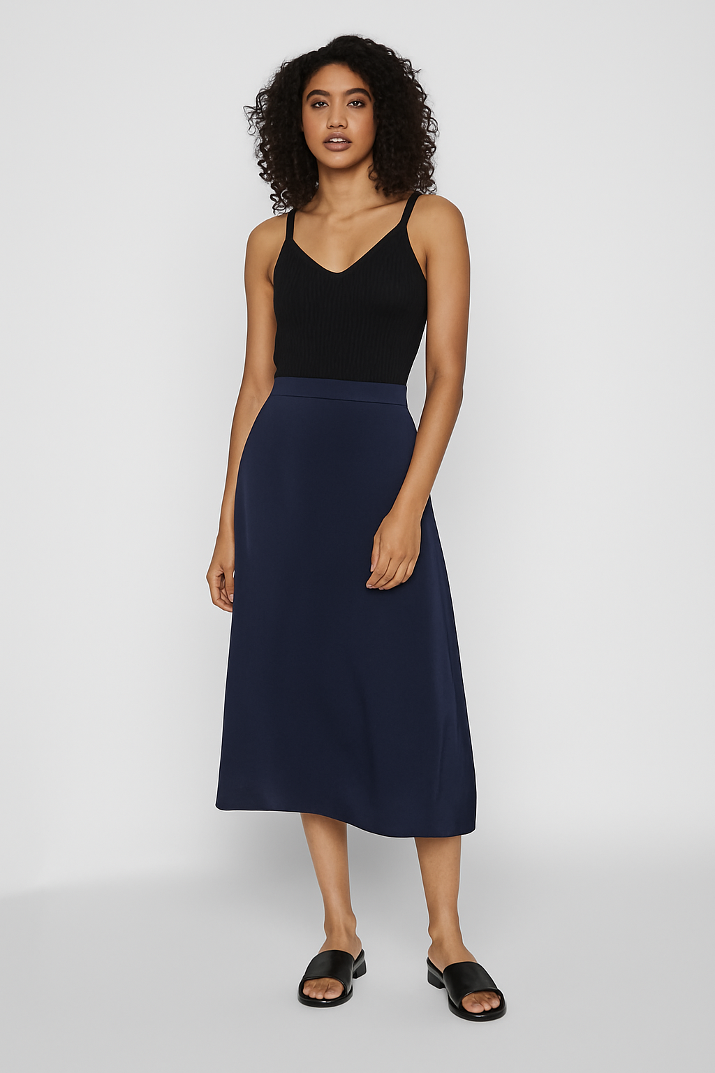 Long navy blue satin skirt 