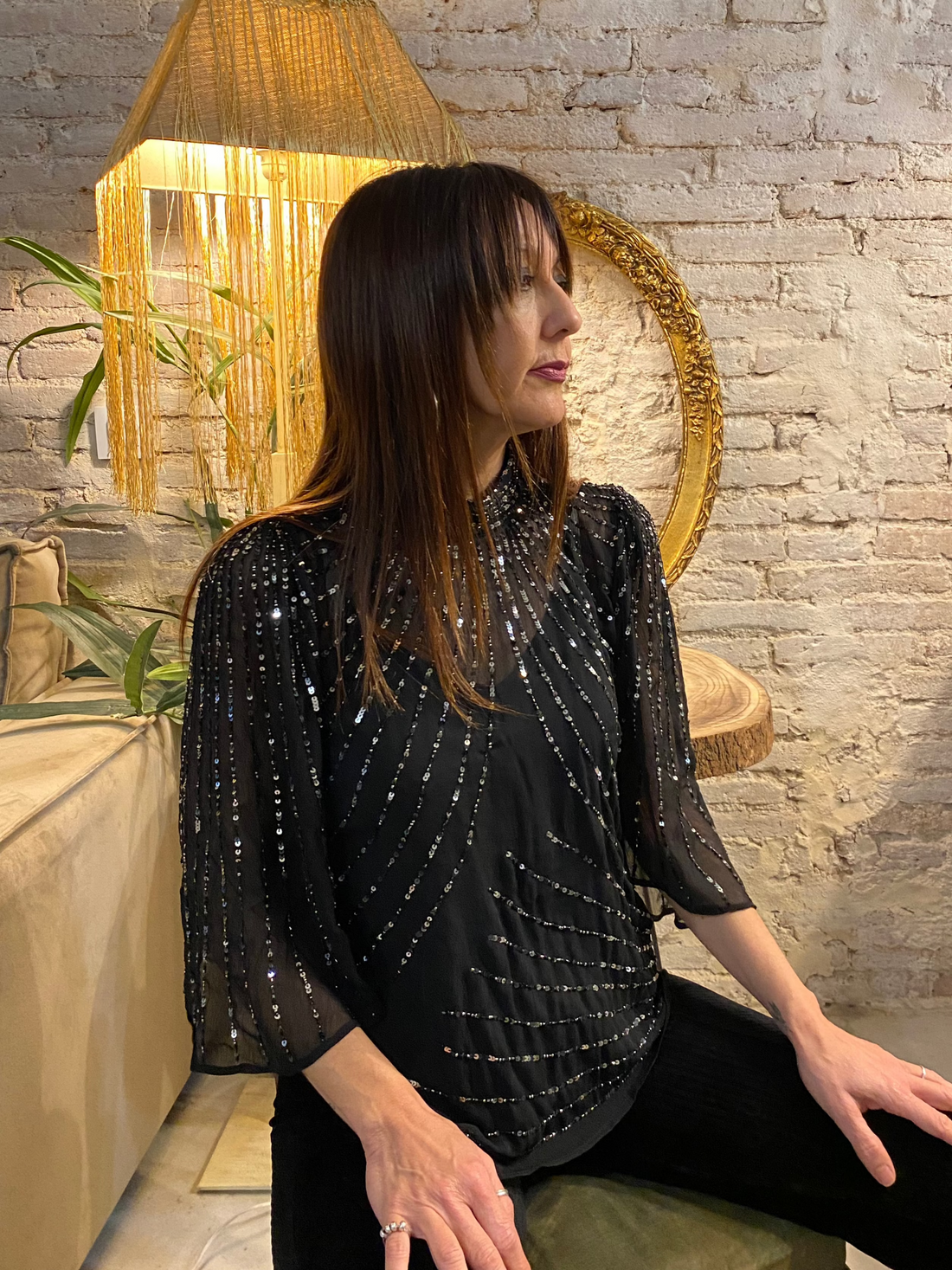 Blusa gasa lentejuelas cuello alto