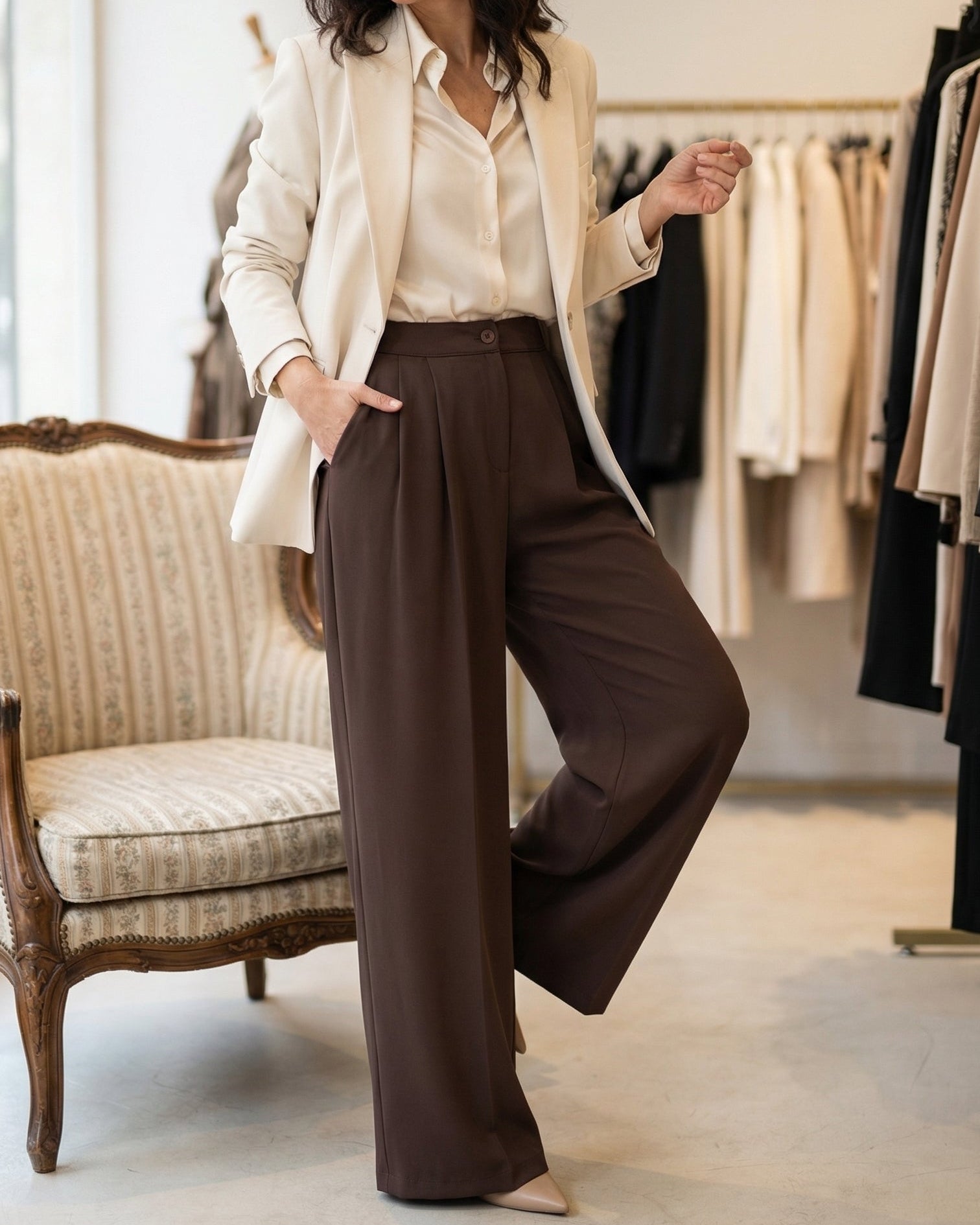 Pantalon à jambes larges à rayures marron