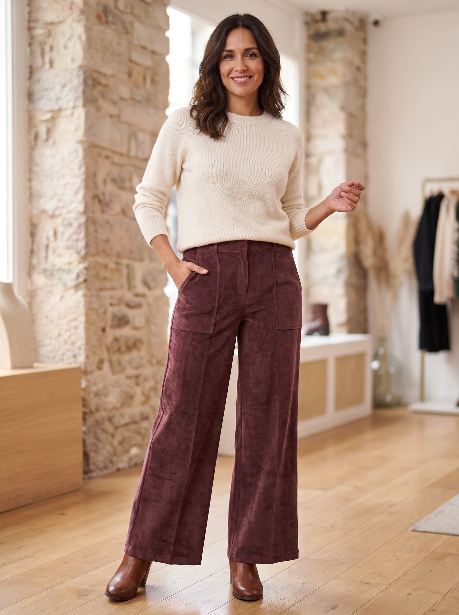 Pantalón palazzo de pana burdeos y negro