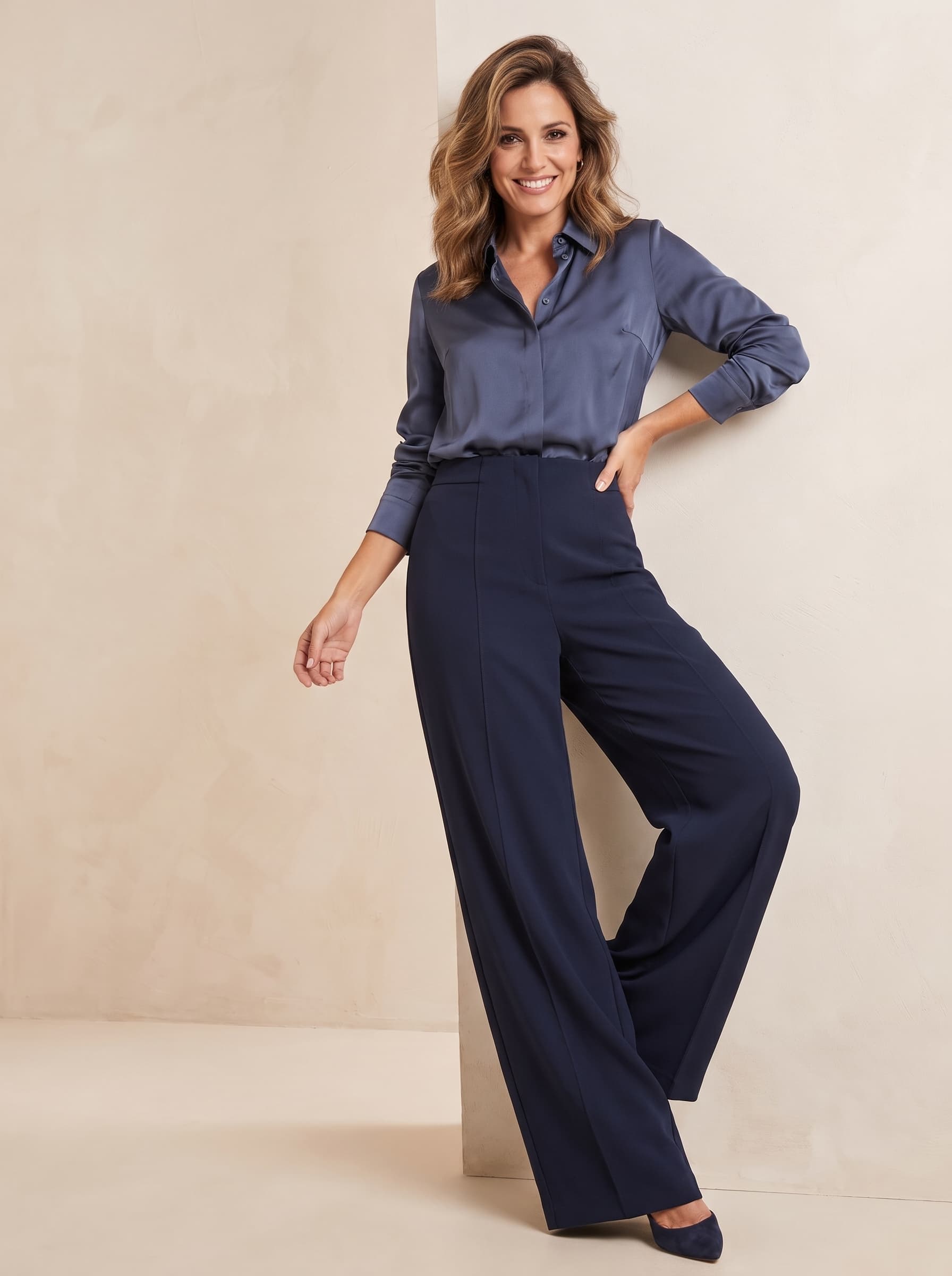 Pantalón Ancho de Tiro Alto con Costura Marcada