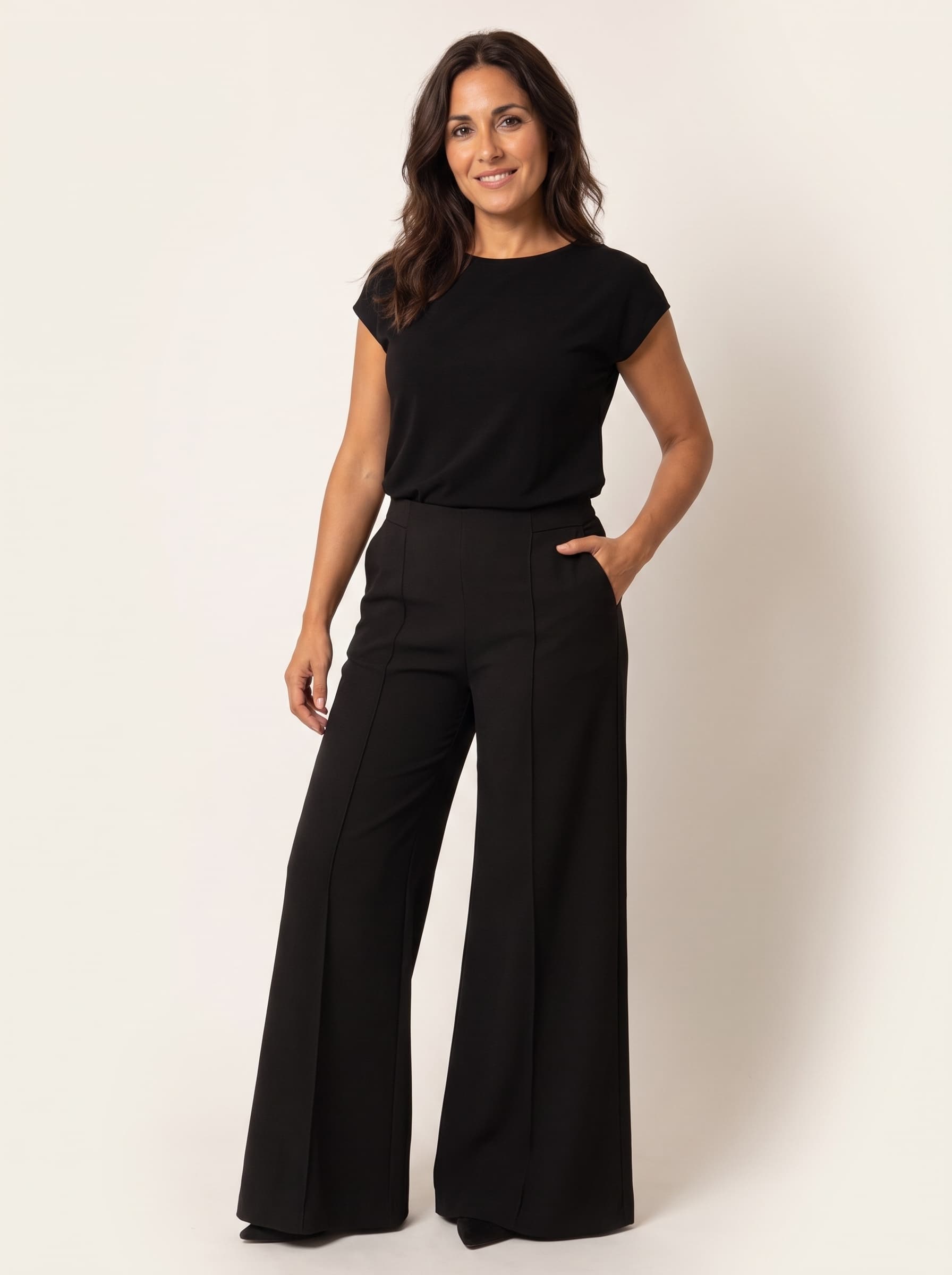 Pantalón Ancho de Tiro Alto con Costura Marcada