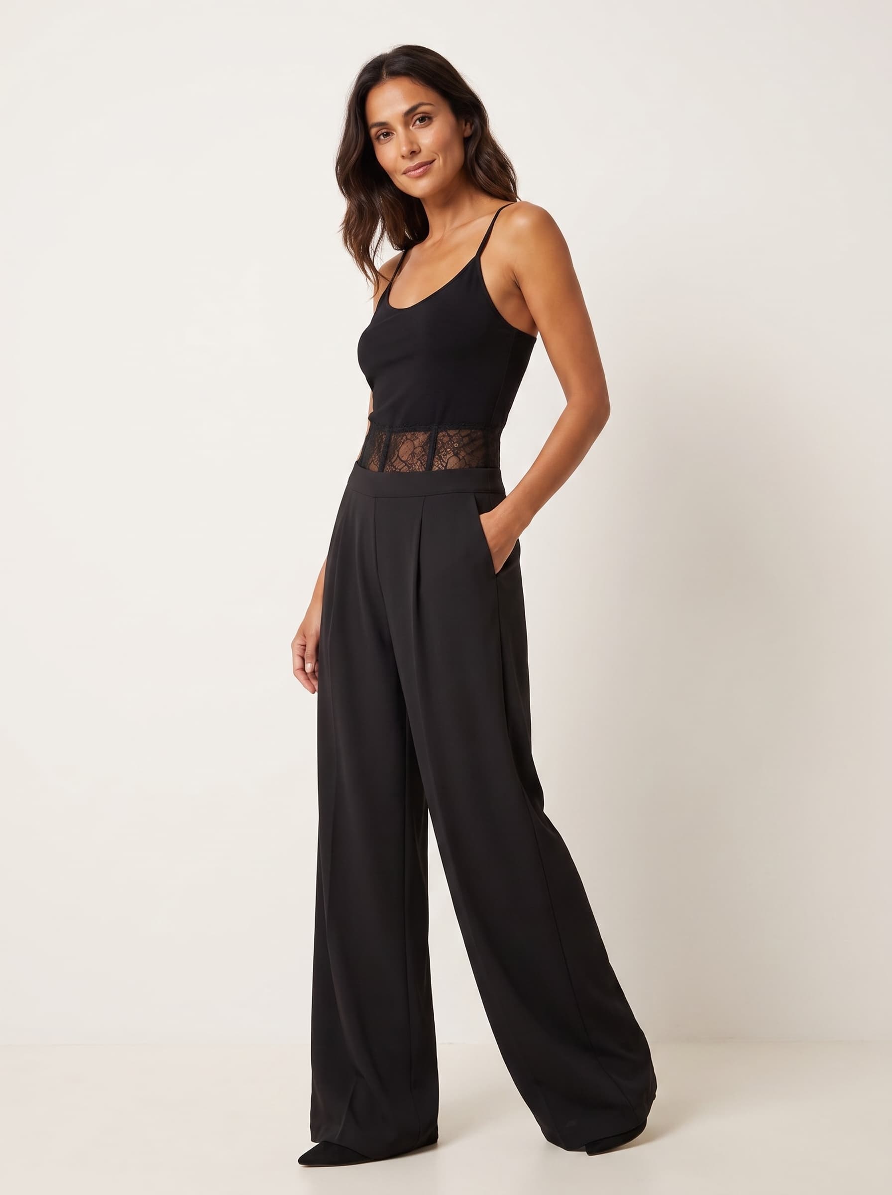 Pantalón Palazzo con Cinturilla Corsé de Encaje