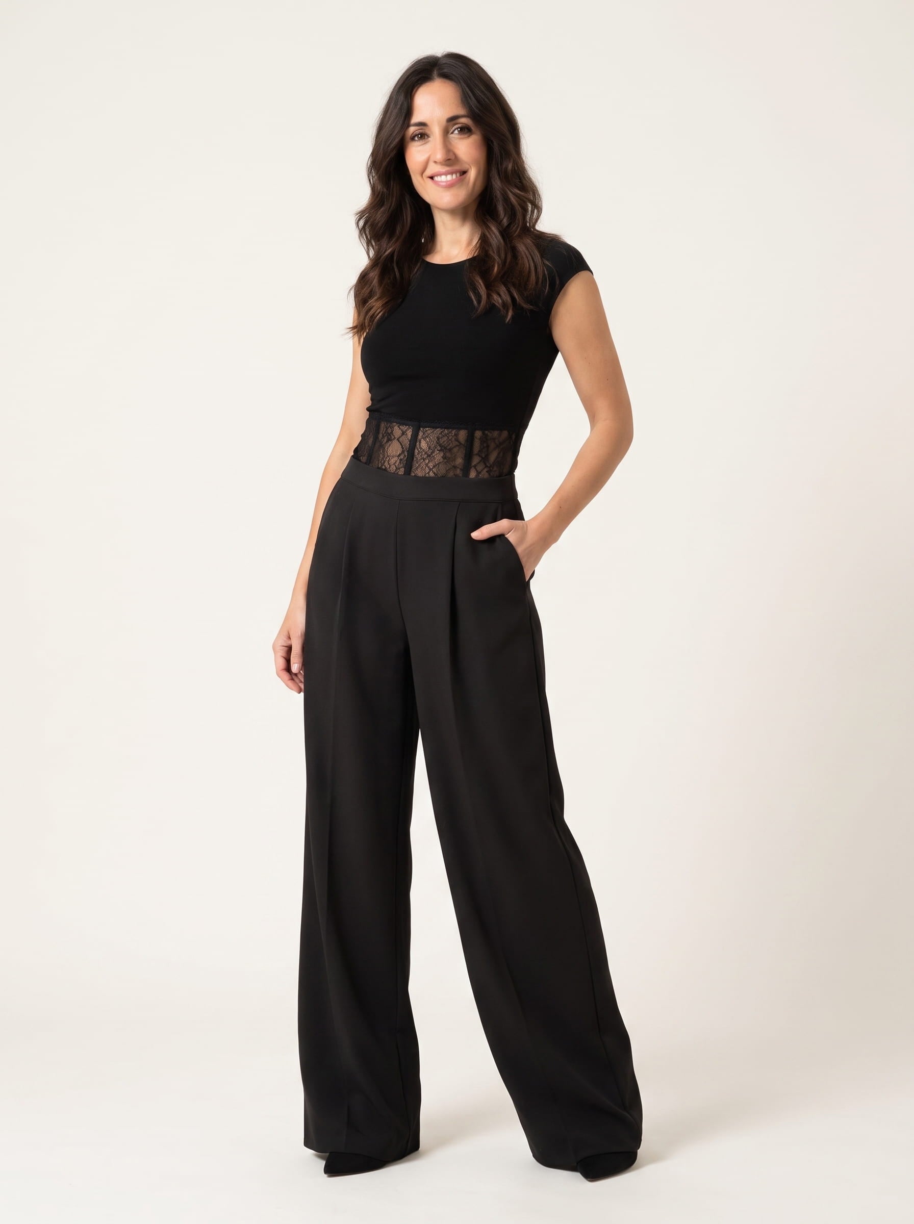 Pantalón Palazzo con Cinturilla Corsé de Encaje