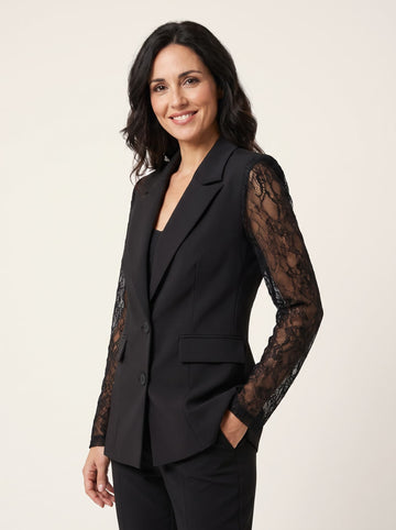 Blazer con Mangas de Encaje y Panel Trasero Transparente