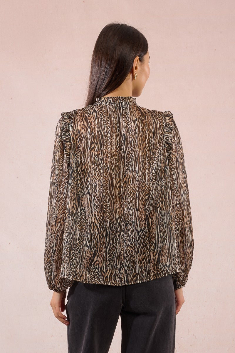 Long-sleeved blouse with bow and print 