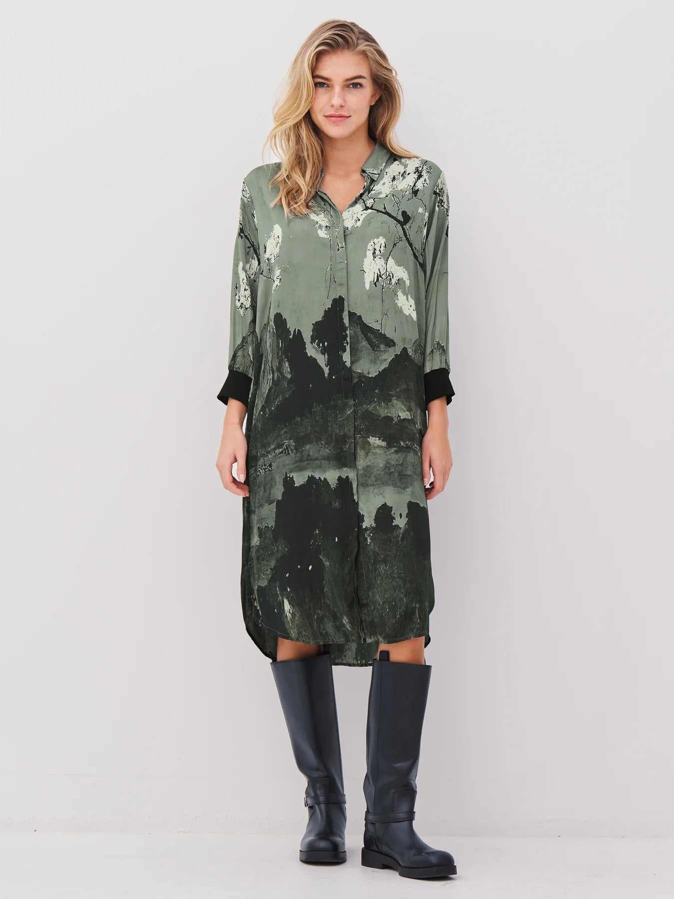 Landscape print shirt dress