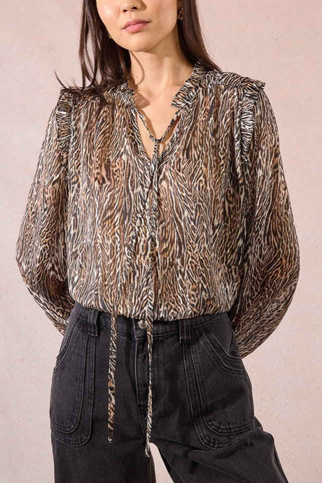 Long-sleeved blouse with bow and print 