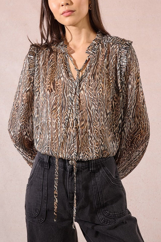 Long-sleeved blouse with bow and print 