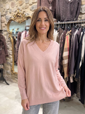 Jersey oversize rosa cuello pico