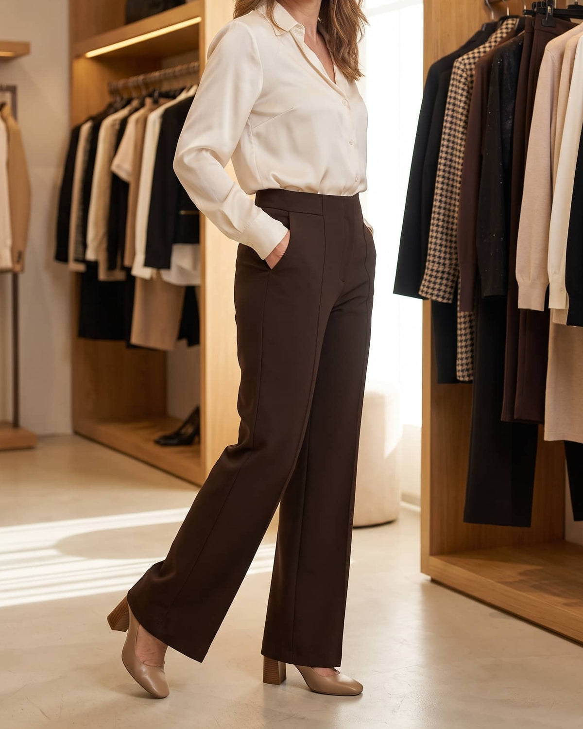 Pantalón chocolate con pinza y abertura