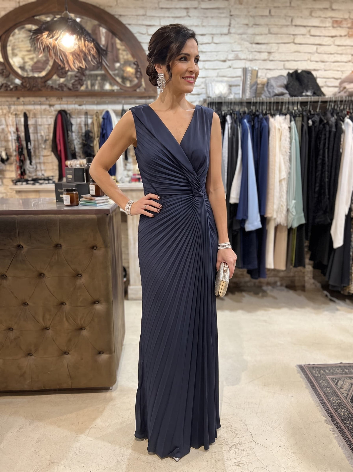 Vestido largo plisado azul marino